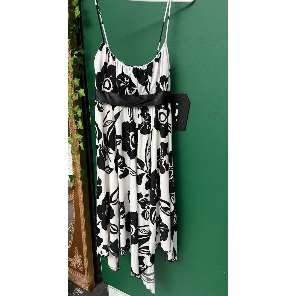Koi Y2K Black White Floral Handkerchief Hem Empire Waist Midi Fairy Dress Medium